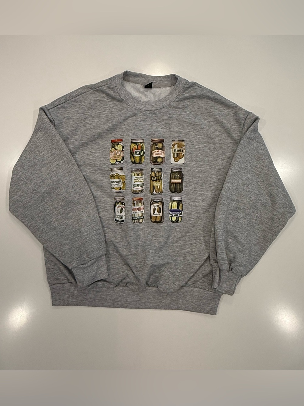 SHEIN Sweatshirt Women’s XS Gray Longsleeve Pullover Pickles Graphic Crew Neck
